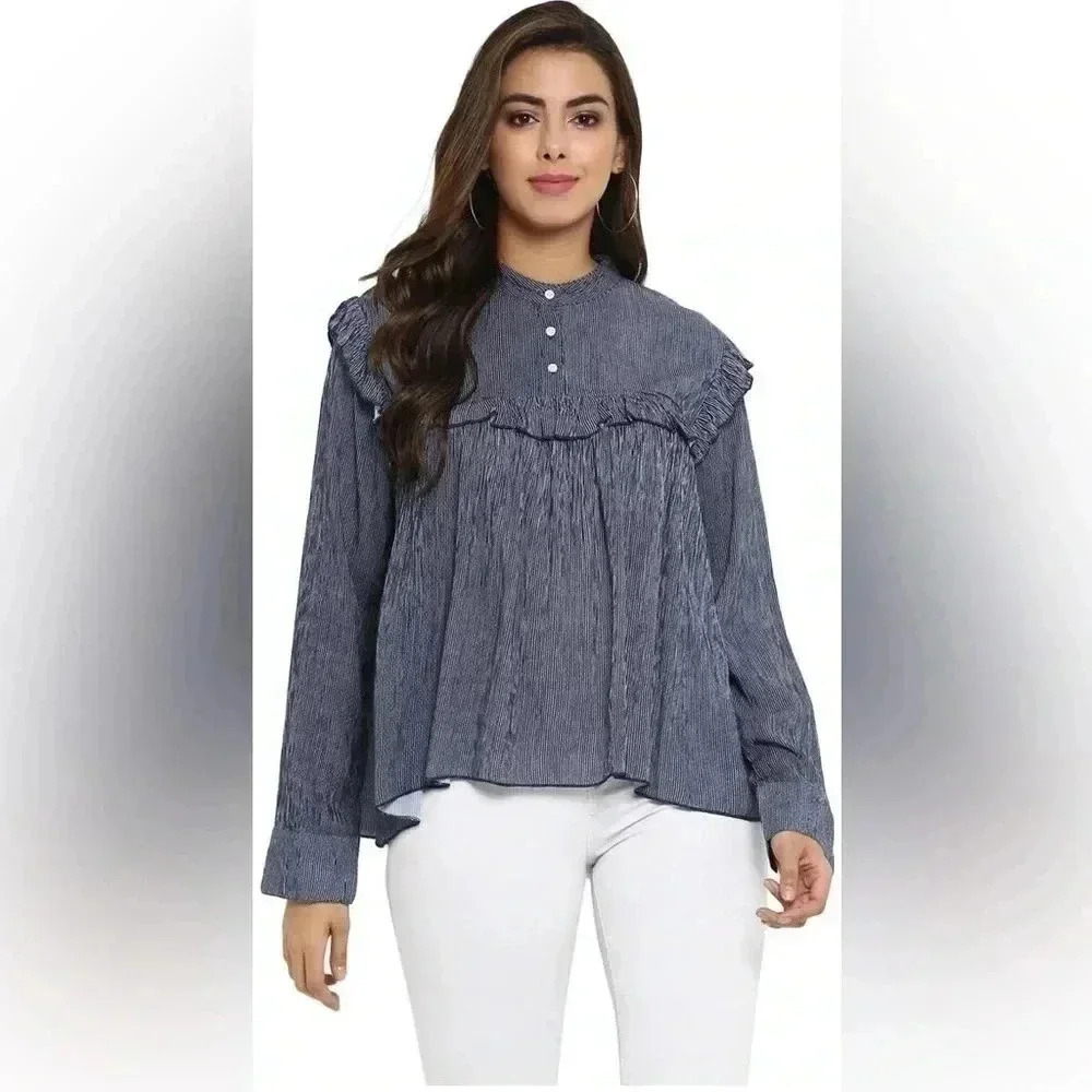 ❤️2/$30❤️[L]Saskia Women stripped  Empire Blouse with mandarin collar